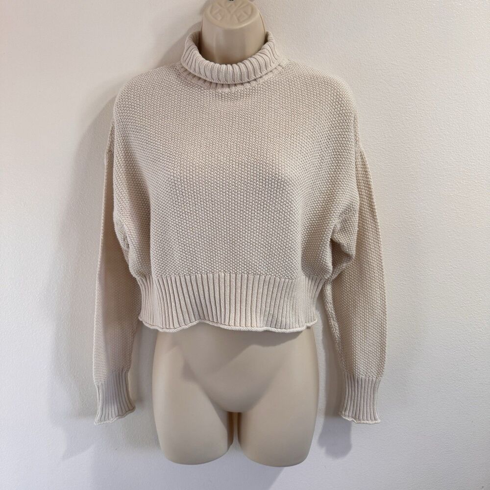 American Eagle Turtleneck Sweater S Cream Chunky Waffle Knit Cropped Comfy Chic